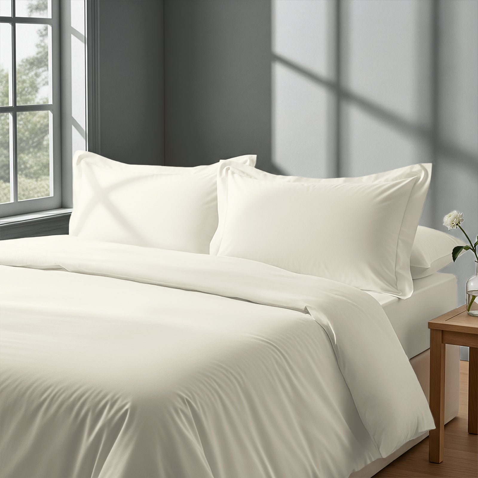 Calm luxurious bedroom bed with Off white Pizuna Linens cotton duvet cover super king size